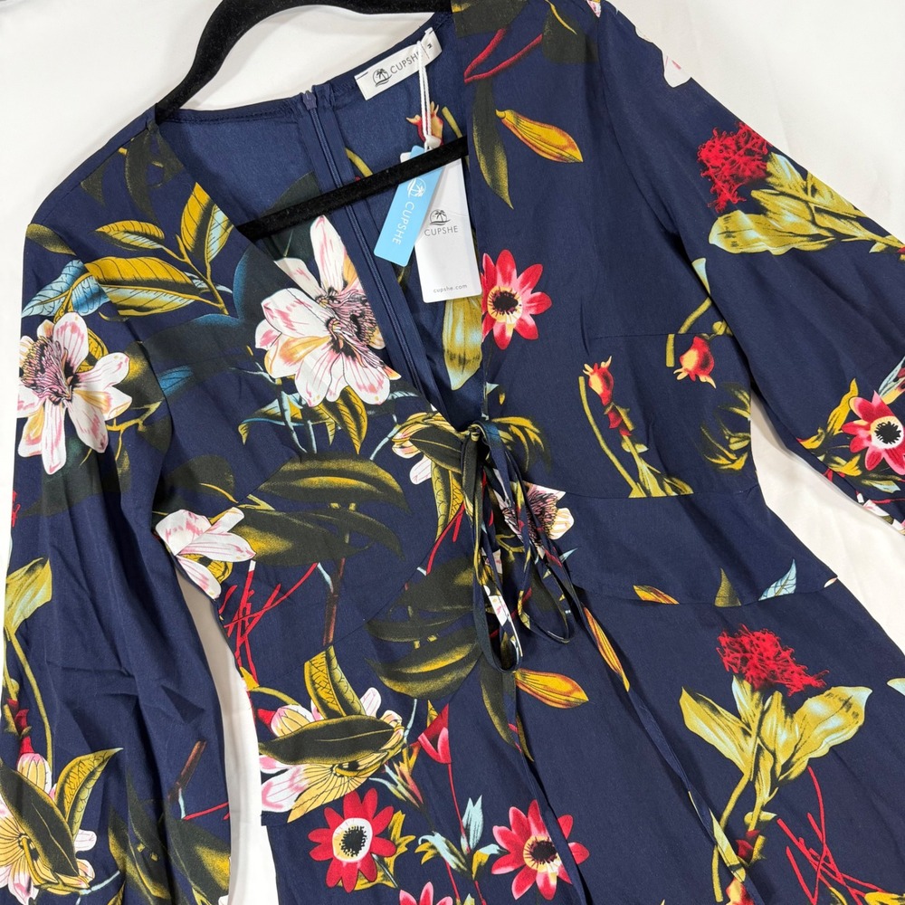 Cupshe Womens Navy Blue Floral Long Sleeve Tie Front Mini Dress Medium NWT